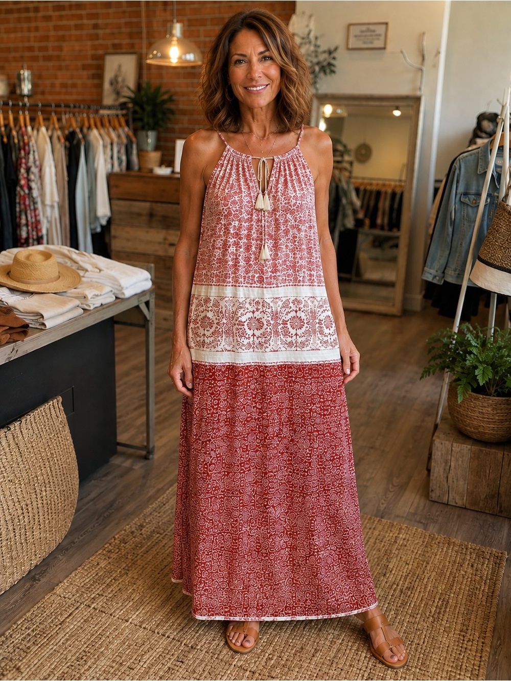 Knox Rose Boho Red & White Tassel Maxi Dress XS Lightweight Swing